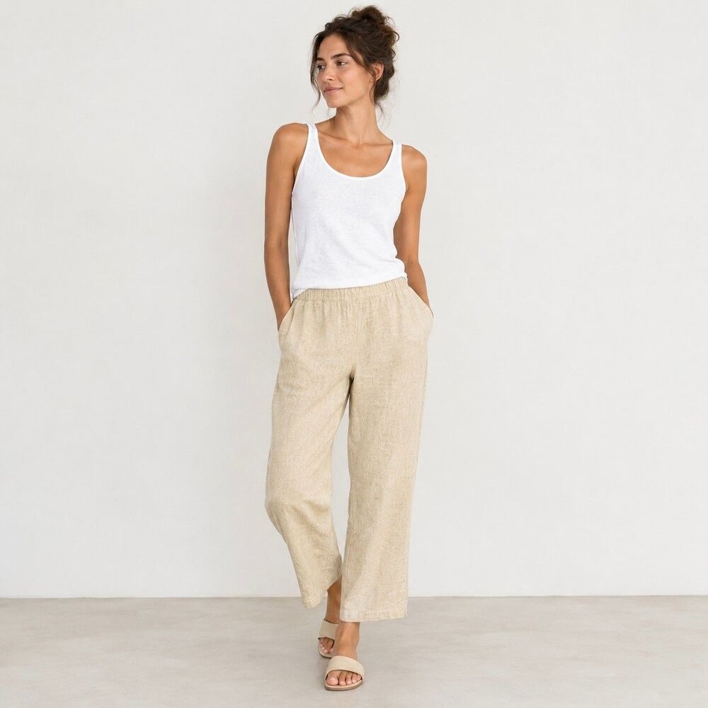FLAX 100% Linen Pants Lemon Beige Elastic Waist Pockets Sz S Minimalist Coastal